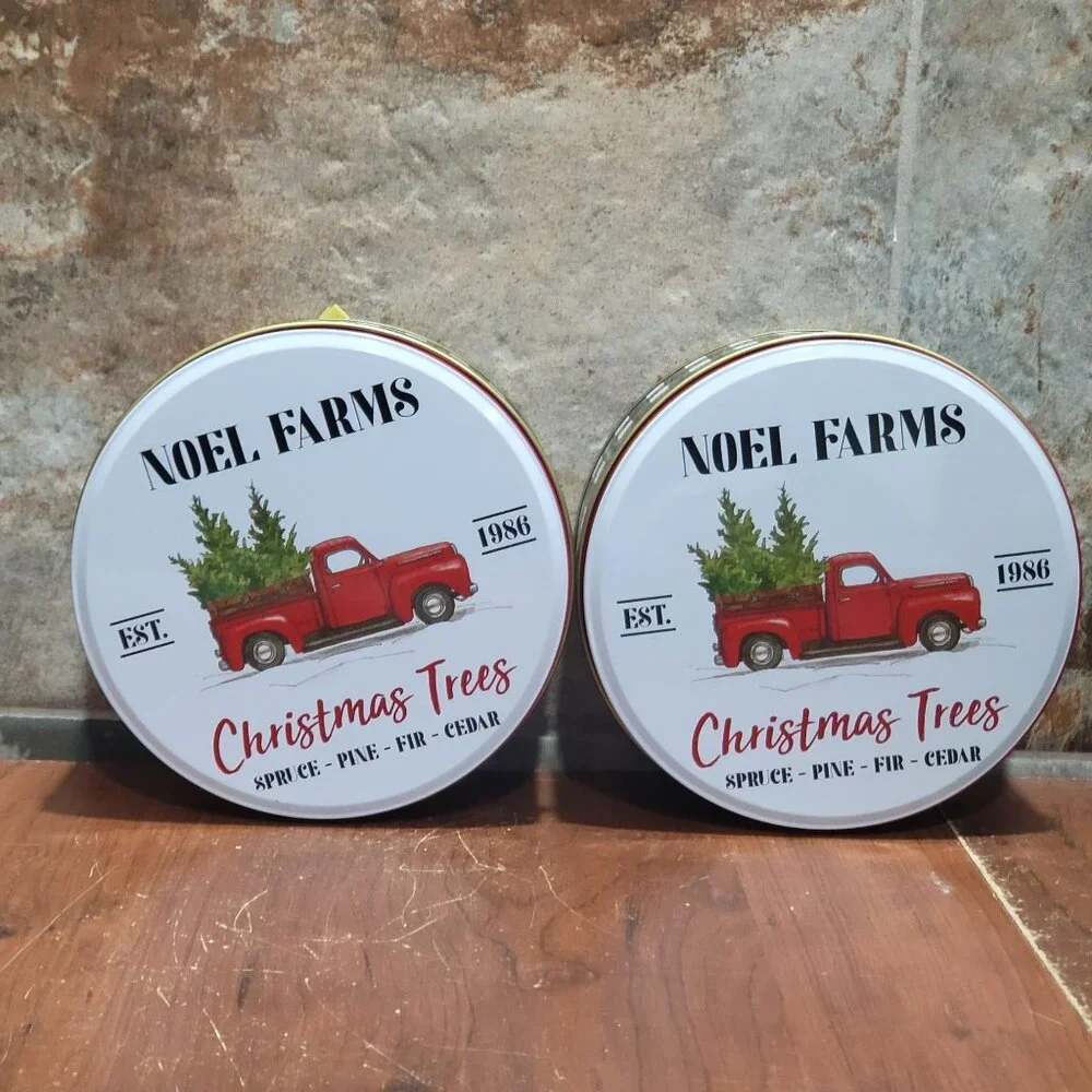 Two Noel Farms Round Christmas Cookie Candy Tins with Lids